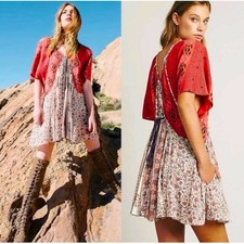 Free People  Wild World Flutter Sleeve Mini Dress XS Festival Boho Red Flowy