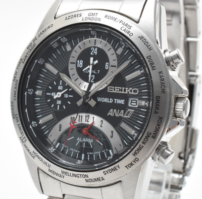 MINT ] Seiko ANA World Time 5T82-0AJ0 Quartz Black Dial Men's