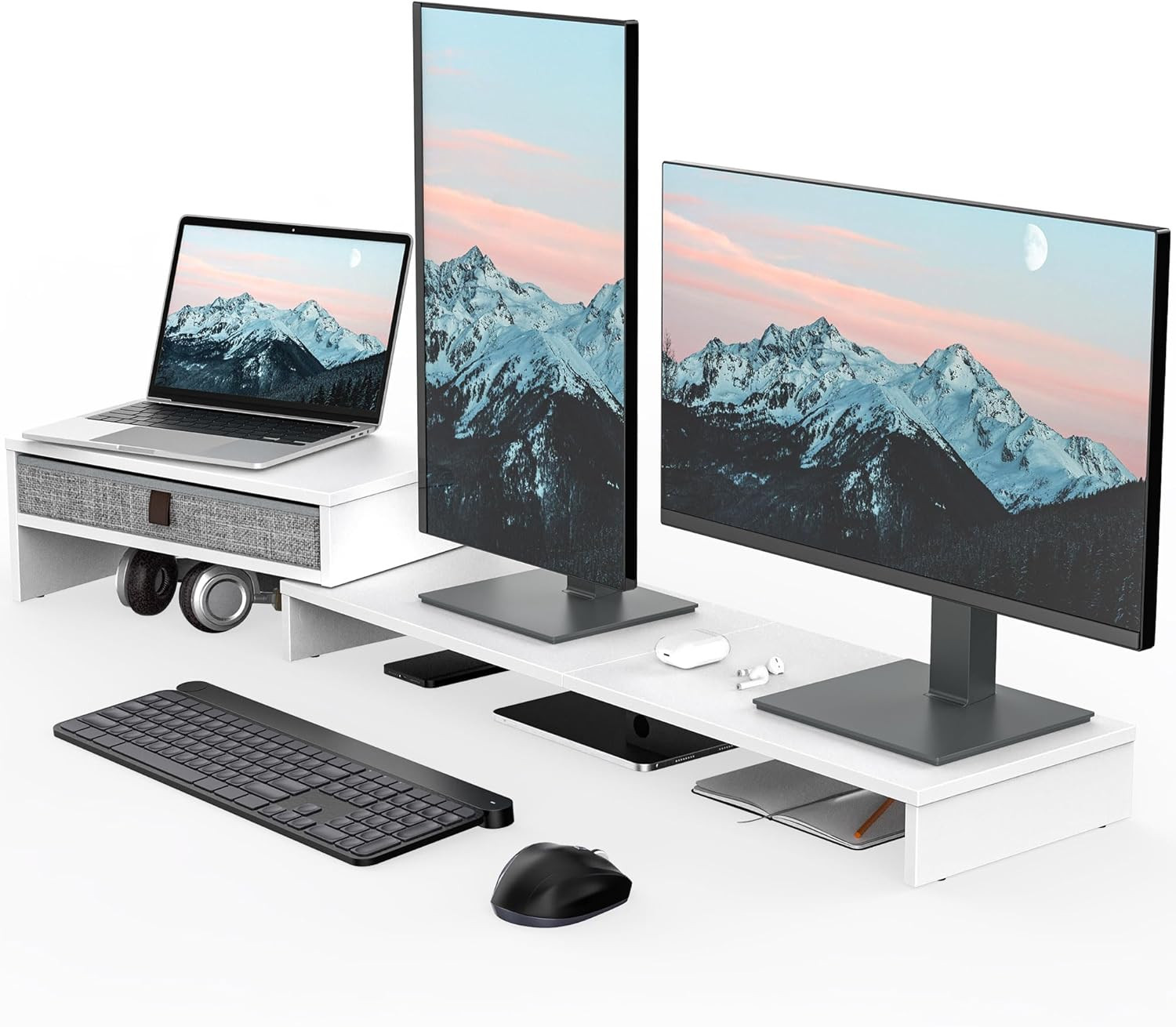 Dual Monitor Stand with Drawer Computer Monitor Stand Riser - 2 Shelf with Adjus