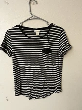 H&M White Striped Top Women XS Cotton Blend Short Sleeve T-Shirt