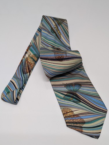 Gail Mackenzie Hand Marbled Silk Tie Blue Green Butterfly Vintage USA