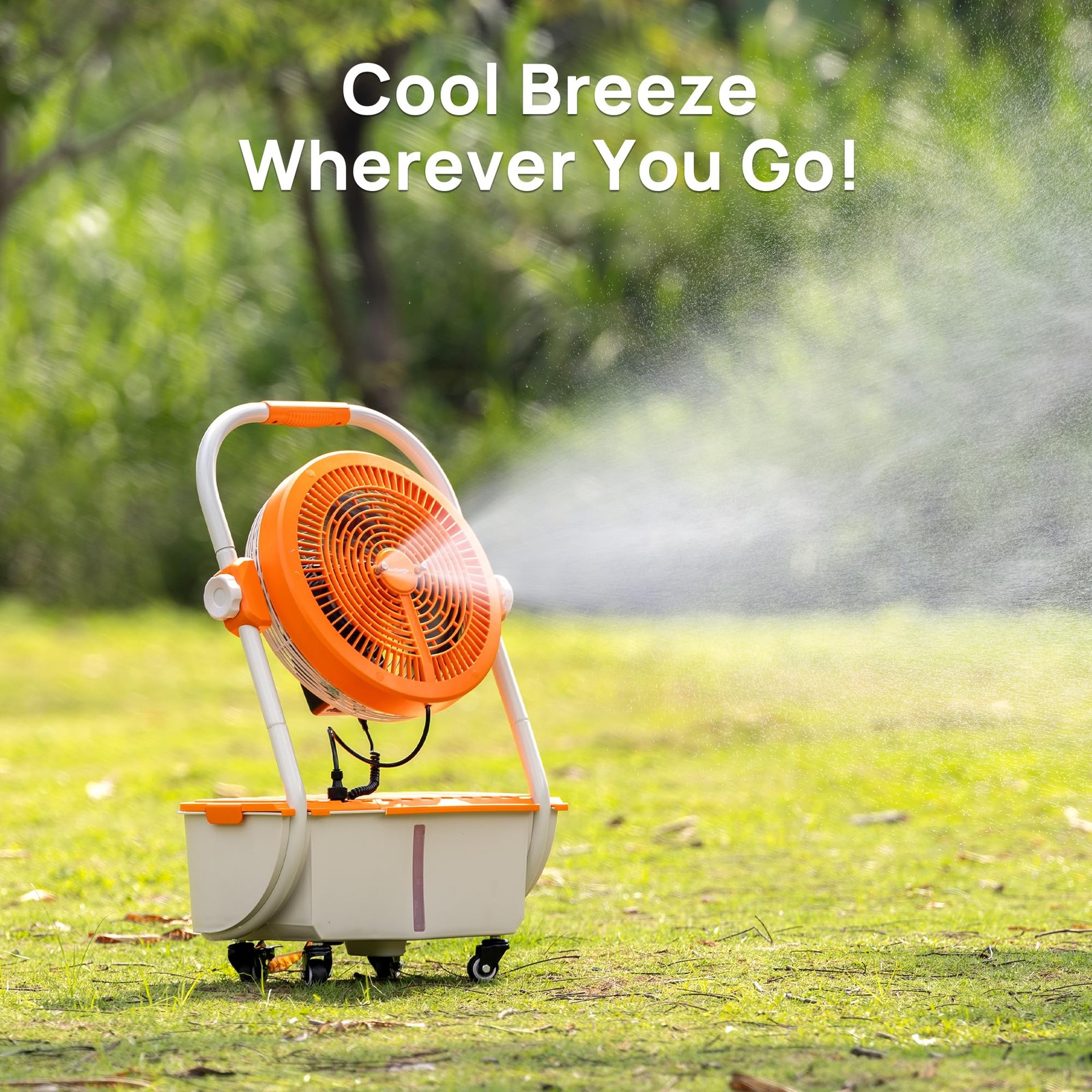 TURBRO Cordless Misting Fan with 11L Tank, High Spray Nozzles, 15ft Mist Range.