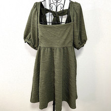 FREE PEOPLE Babydoll Dress Womens M Olive Textured Knit Mini Boho Romantic