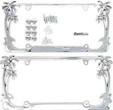 Tropical Palm Tree Chrome Polished License Plate Frame 2 Frames With Cap