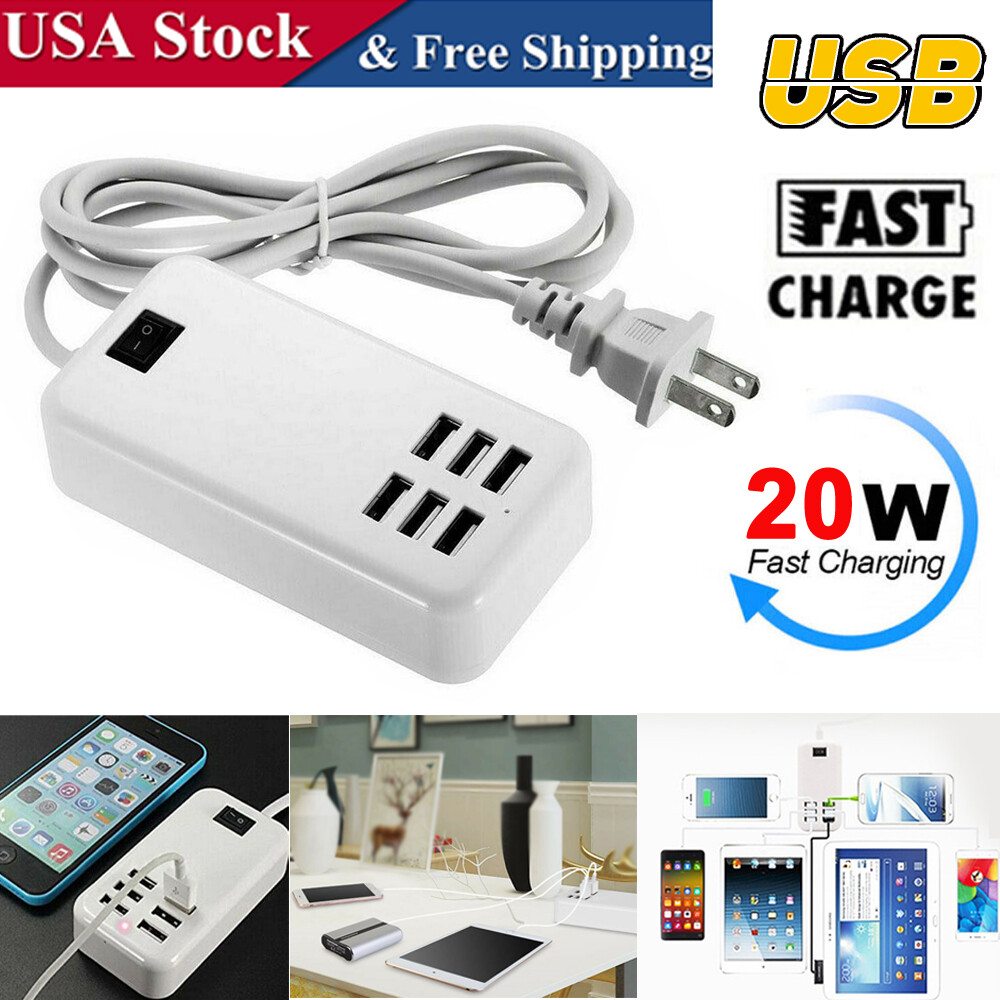 USB Charger Station 6 Port Desktop Fast Charger Wall Power Strip with Switch