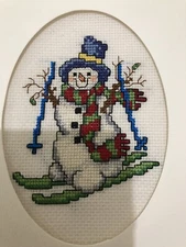 COMPLETED FINISHED CROSS STITCH CARD "DARLING SNOWMAN 3”