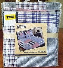 STANDARD BLUES PATCHWORK PLAID RED WHITE BLUE REVERSIBLE TWIN QUILT SHAM SET 2PC