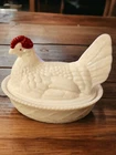 Vintage Westmoreland Milk Glass Large Chicken Hen on Weave Nest Covered Dish Red