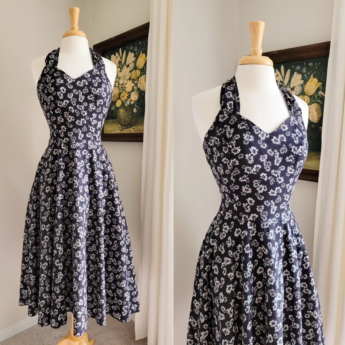 90s Black Floral Sweetheart Halter Open Back 1990s Vintage Fit Flare Midi  Dress