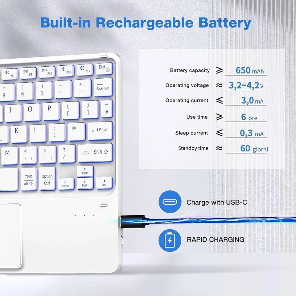 10 Inch Wireless Keyboard with Touchpad, 7 Colors Illuminated Backlit, Bluetooth - Image 4 of 4