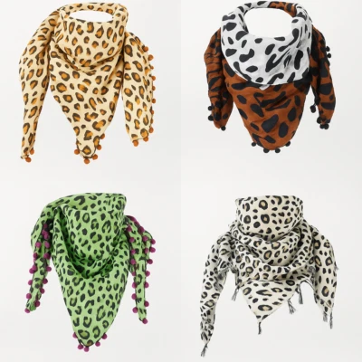 ROCK DADDY 4er Set Leo Tücher Damen Halstuch Pompons Animal Print Boho Boho Festival Schal