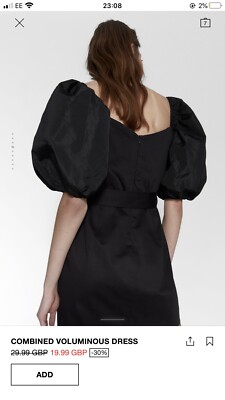 Zara Black Puff Sleeve Dress With Belt Detail, Size S