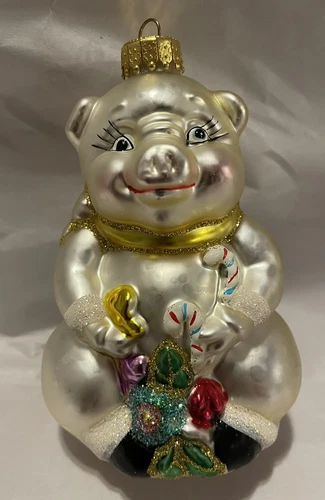 Molded Glass Pig Ornament W/Glitter And Gifts 4”