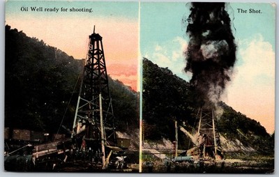 Oil Well Explosion Shooting Scene Before & During Unposted ANTIQUE Postcard 9396