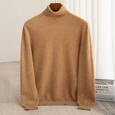 Men's 100% Merino Wool Fall/Winter Sweater Top Solid Color Plus Turtleneck