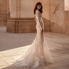 Feather Mermaid White Wedding Dress High Collar Pearl Long Sleeve Bridal Gowns