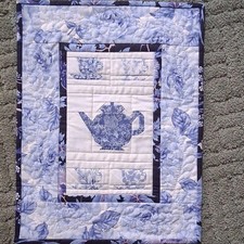 Handmade Patchwork Blue Floral Cotton Wall Quilt Teapot Design