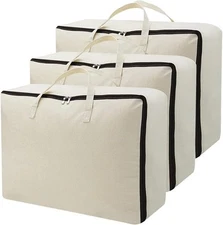 AMJ Set of 3, Canvas Storage Bag with 3-Side Zip 23.6*17.7*8.7", Beige, 3PCS 