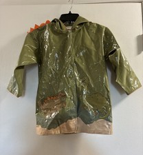 Kidorable Boy Sz 4/5 Green/ Orange 3D Dinosaurs Fun Hooded Snap Front Rain Coat