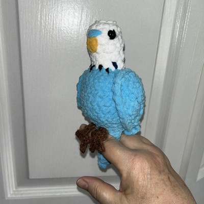Chenille Crochet Parakeet/Budge Blue & White Plushie Stuffed Animal 7  Tall New