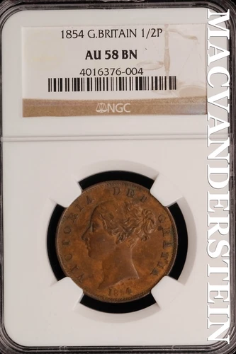 Great Britain: 1854 Half Penny - NGC AU 58 BN - Scarce  No Reserve  #SLi246
