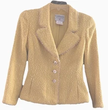 CHANEL 97P Yellow Single-Breasted Tweed Jacket 38FR  Pearlescent CC Logo Button