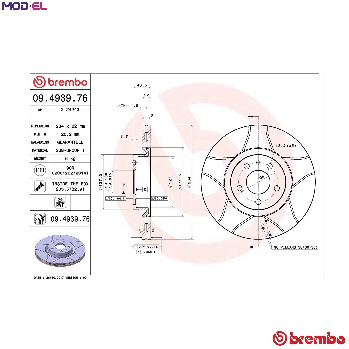 2x BRAKE DISC 09.4939.76 FOR ALFA ROMEO FIAT QUBO DOBLO/Platform/Chassis/MPV 156