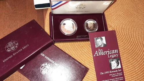 1995 Kennedy 2 Coin Set 1oz Silver Dollar & Proof Half Dollar