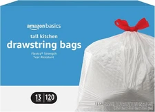 Amazon Basics Flextra Tall Kitchen Drawstring Trash Bags, 13 Gallon, 120 Count