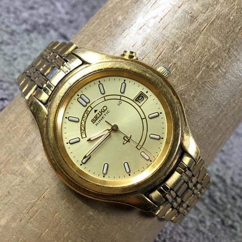 Vtg Seiko Kinetic Men 5M42-0A19 Dress Gold Tone Quartz 34mm Watch 8" Untested