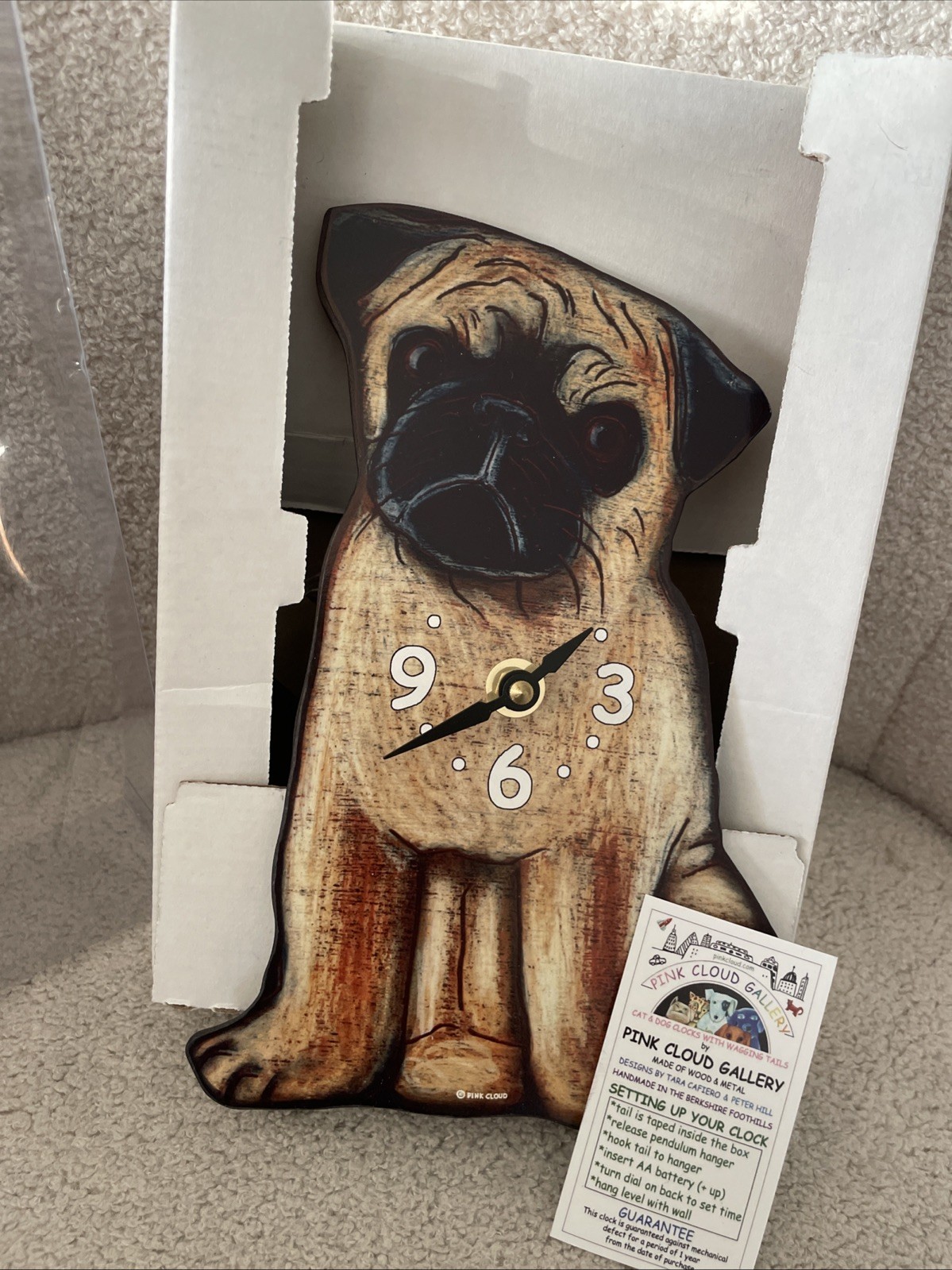 Pink Cloud Dog Clock -Pug - Wagging Tail Wall Hanging NEW