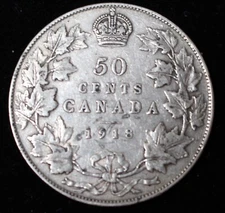 1918 CANADA 50 CENT HALF DOLLAR .925 SILVER - King George V - WW1 ERA