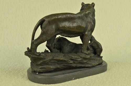 Large Lion Cougar Tiger Family Bronze Marble Sculpture Statue Figurine Art Deco - Picture 4 of 8