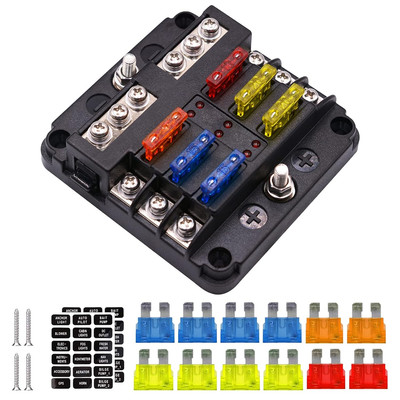 6-Way Fuse Box Blade Fuse Blocks with LED Warning Indicator Damp-Proof Cover