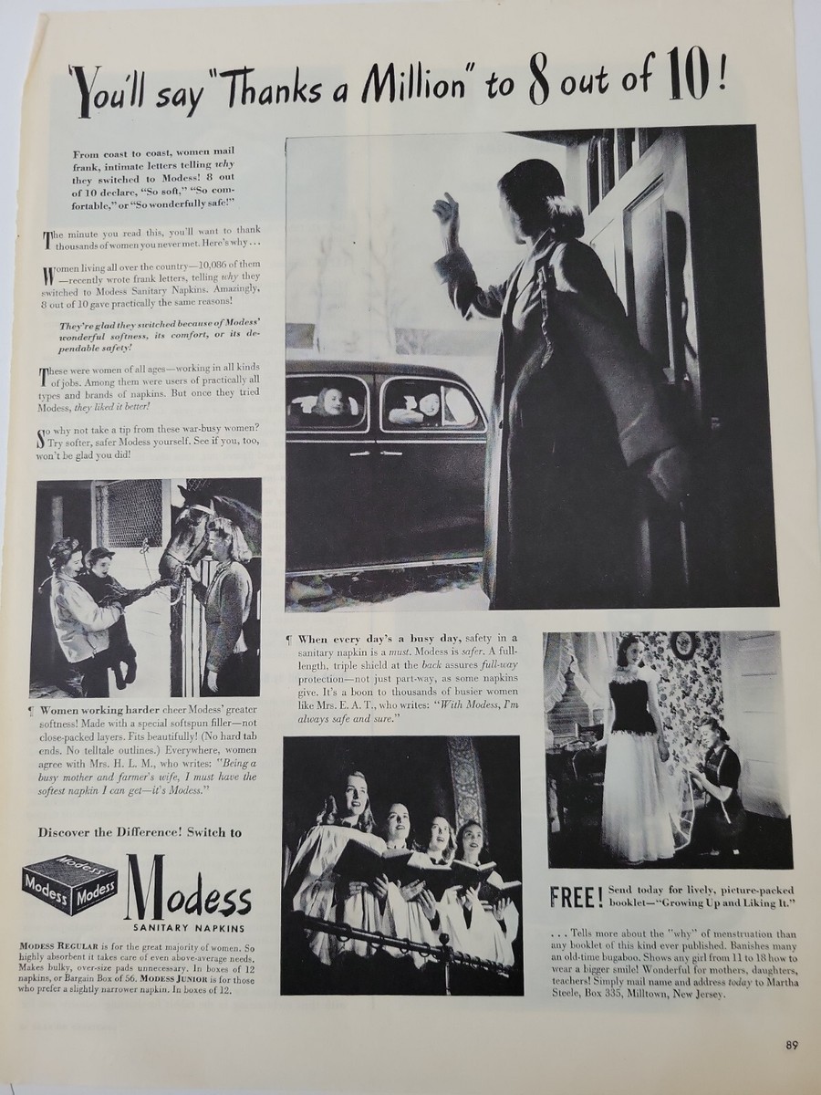 1944 Modess Sanitary Napkins Say thanks a million to 8 out  display picture 3