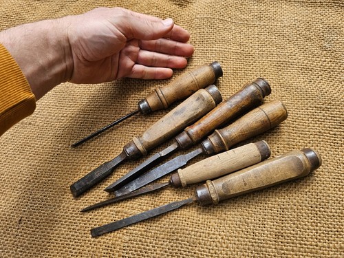 SET OF 6 VINTAGE GERMAN WOODWORKING WOOD CARVING CHISELS CHISEL ANTIQUE - Picture 16 of 19