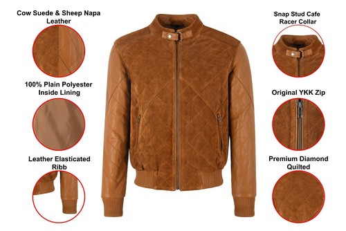 Chaqueta clásica informal de cuero acolchado y gamuza informal con diamantes para hombre James - Imagen 2 de 16
