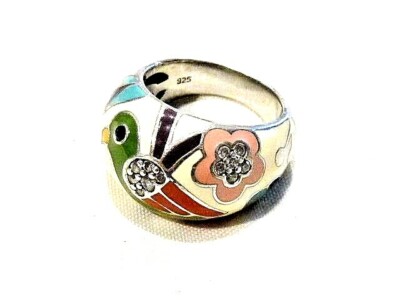 Bague Argent Massif 925 Una Storia - Modèle Jonc Avec Oiseau - Taille 56 - Émaillée Et Strass - Occasion Très Bon état