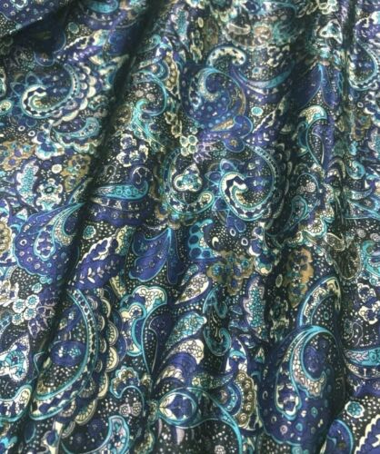 Paisley Print NON-STATIC Viscose Satin Feel Material Fabric -Indigo Blue Gold - Picture 1 of 3