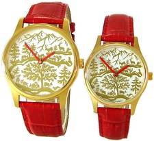 Aurea Uhren PartnerSet Quarzuhr swiss Scherenschnitt Motiv gold Lederband rot
