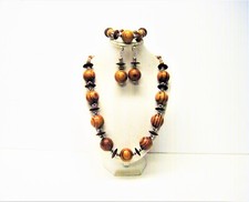 Natural Brown Swirl Wood Bead Necklace/Bracelet/Earrings Set