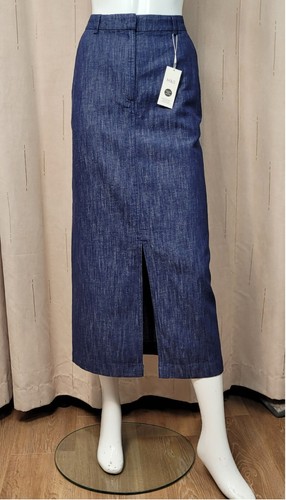M&S Linen blend DENIM Front Split MAXI Column SKIRT ~ Size 10 ~ BLUE - Picture 2 of 8