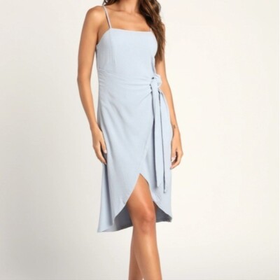 Lulus Stay Sunny Light Blue Faux Wrap Tie Midi Dress Sleeveless Overlap  Skirt L | eBay