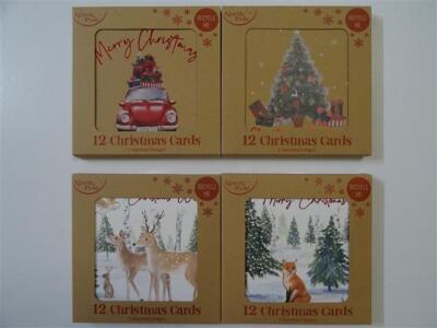 12 Stück Weihnachtskarten mit Folienschrift ~ Auto & Weihnachtsbaum oder Waldtiere