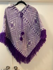 Vintage Hand Knit Crochet Poncho Cape Chic Boho Hippie Purple Christmas