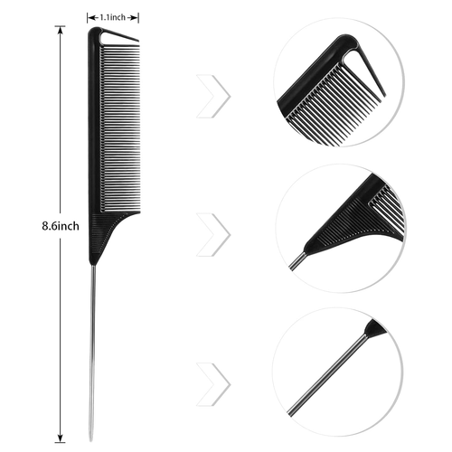 Rat Tail Combs Set: 3Pcs Long Steel Pin Teasing Combs for Salon Hair Stylists, M - Picture 4 of 7