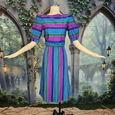 Vintage 1980s Dress Jewel Toned Fuchsia Green Blue Striped Sasson Short  Sleeve