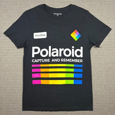 Vintage Polaroid Men's T-Shirt M Short Sleeve Black Rainbow Regular Logo Medium