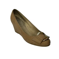 Stuart Weitzman Bucalina Buckle Demi Wedge Pump Heels Textured Beige Nude 8