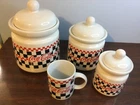 Vintage 1997 Coca-Cola 3 Piece Canister Jar Set Red Black Checkered Gibson + Mug